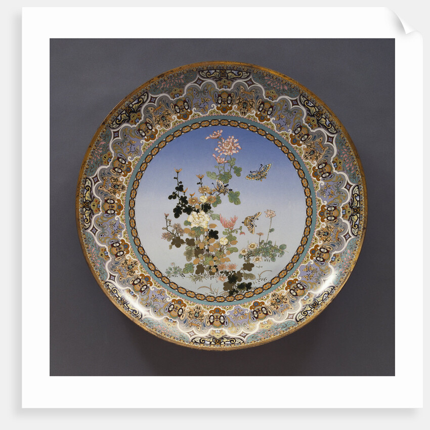 Meiji Period large cloisonne enamel charger with flowers by Anonymous