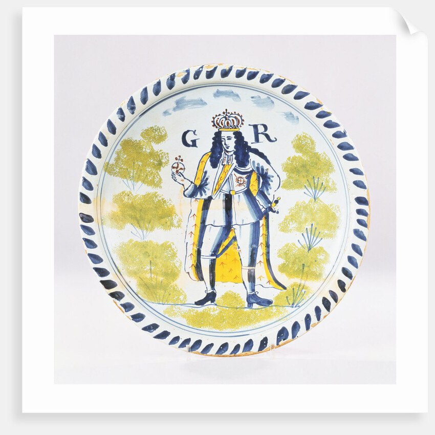 A Bristol Delft polychrome royal portrait charger painted with a full length portrait of George I in formal robes by Anonymous