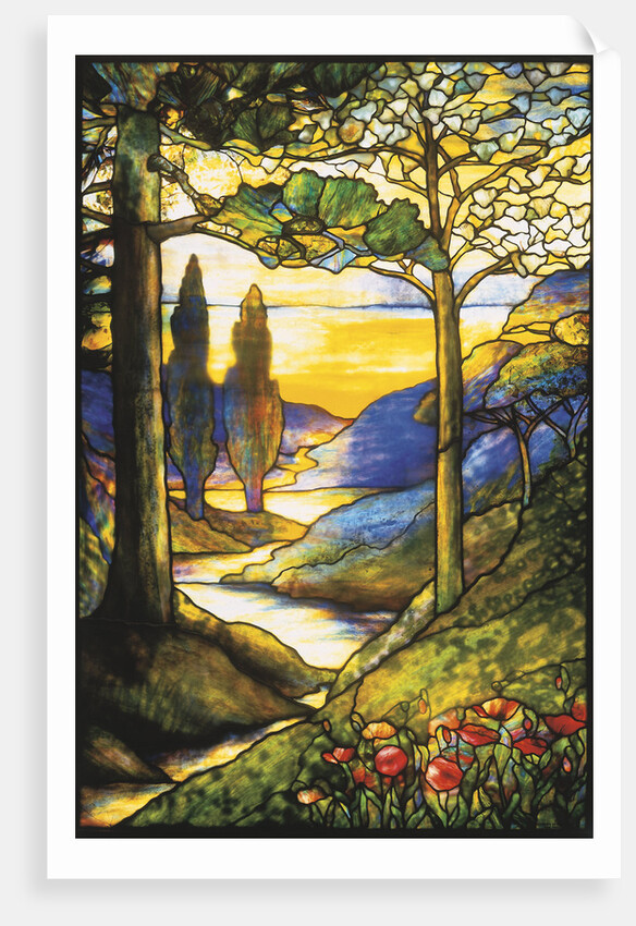 Tiffany Studios leaded glass scenic window by Anonymous