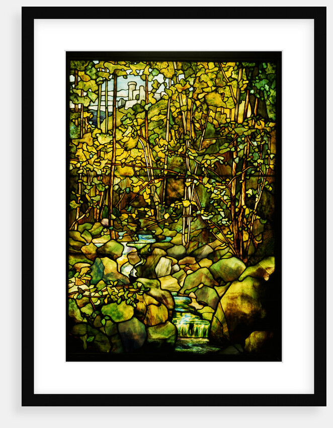Tiffany Studios leaded glass window of a woodland scene by Anonymous