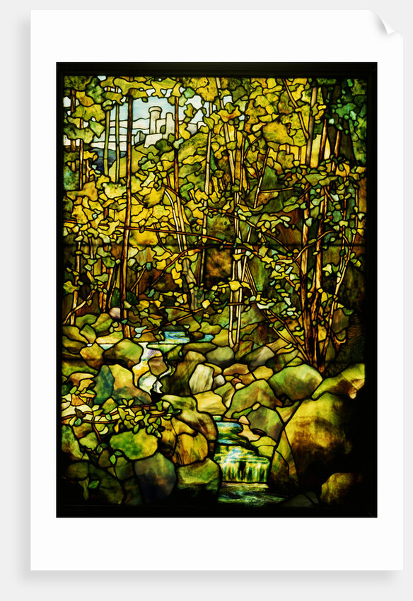 Tiffany Studios leaded glass window of a woodland scene by Anonymous