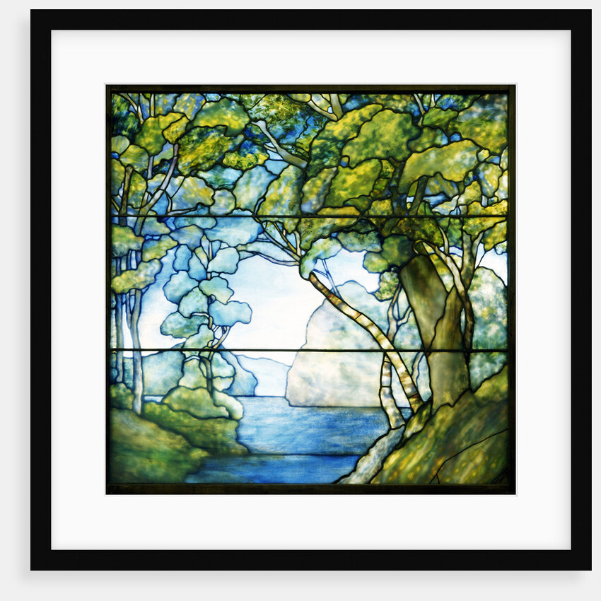 Tiffany Studios leaded glass landscape window depicting a passage to the sea by Anonymous