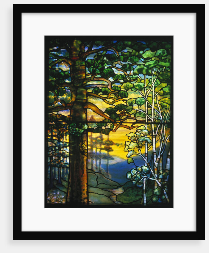 Tiffany Studios landscape window depicting a meandering stream shaded by towering fir trees by Anonymous