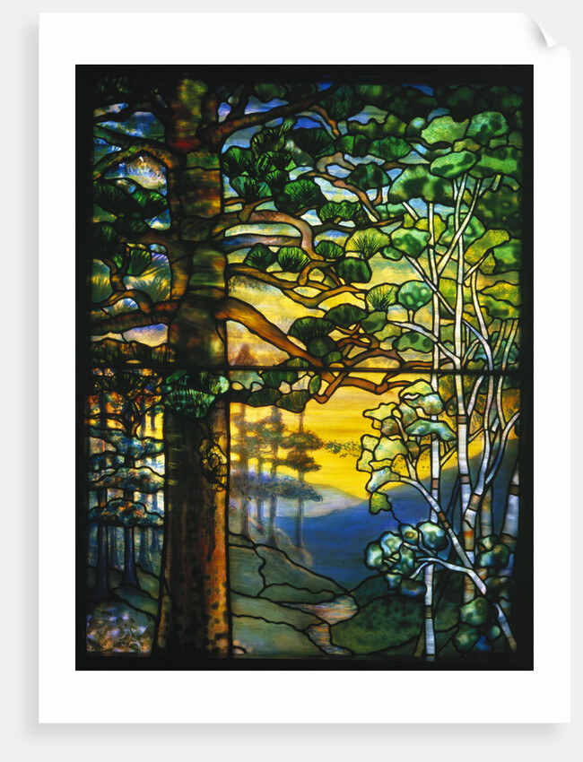 Tiffany Studios landscape window depicting a meandering stream shaded by towering fir trees by Anonymous