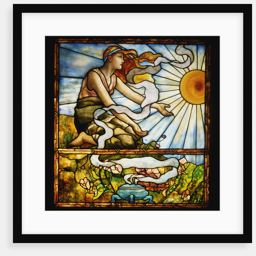 Tiffany Studios leaded and plate glass window depicting a young woman kneeling before the rising sun by Anonymous