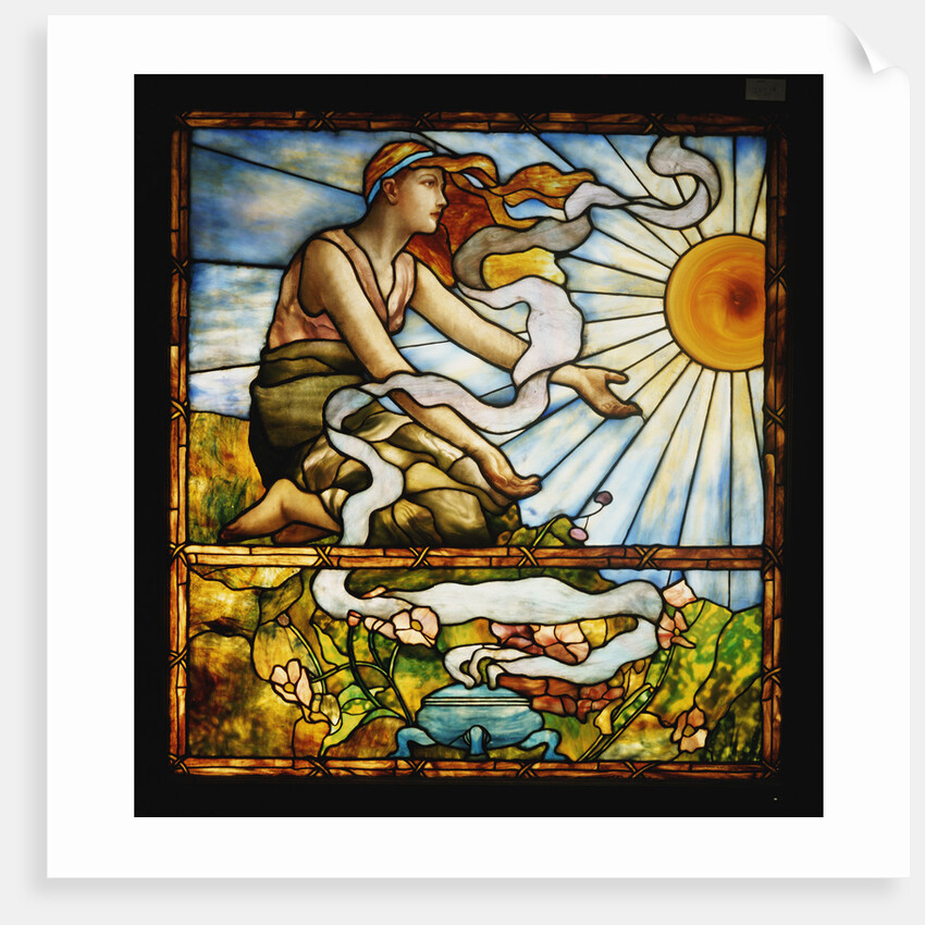 Tiffany Studios leaded and plate glass window depicting a young woman kneeling before the rising sun by Anonymous