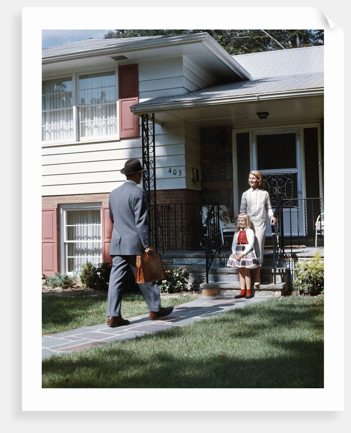 1950s Mother Daughter Waiting Steps House For Father Briefcase Coming Home Suburban Family Man Woman Girl Retro by Anonymous