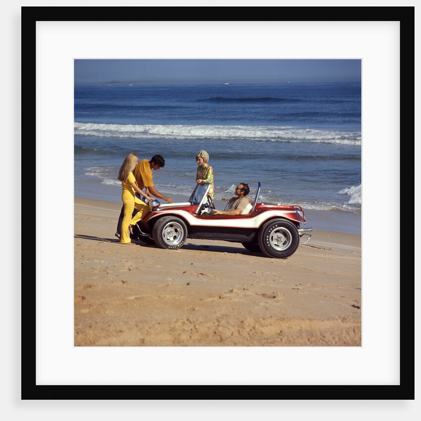 1970 1970s 2 Couples Men Women On Beach With Red White Dune Buggy Leisure Sport Lifestyle Vehicle Fun Summer by Anonymous
