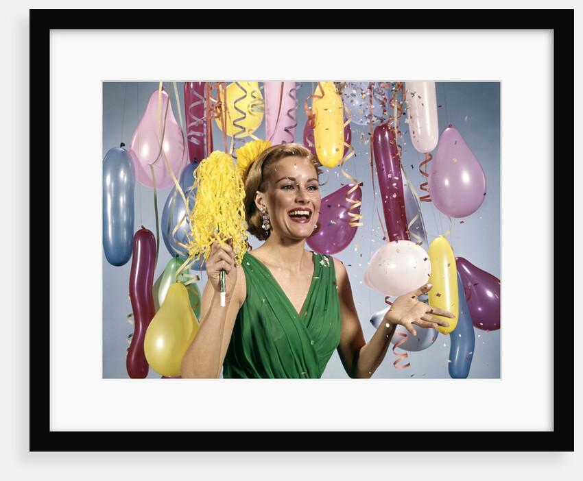 1960 1960s Retro Party New Year Balloons Woman Streamers Dress Happy by Anonymous