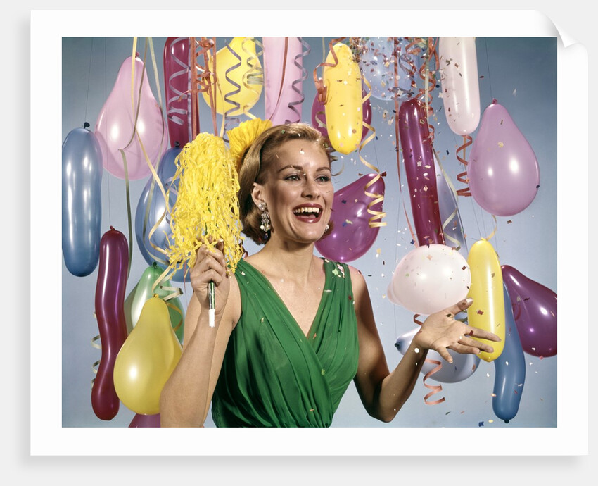 1960 1960s Retro Party New Year Balloons Woman Streamers Dress Happy by Anonymous