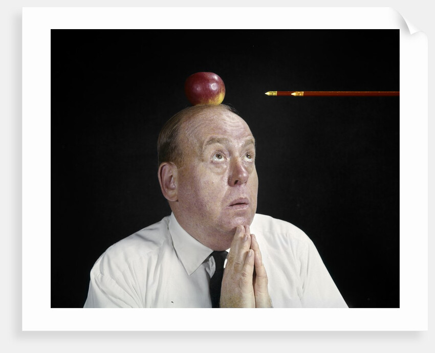 1960s Anxious Business Man Praying Looking Up At Arrow Heading Towards Apple Sitting On Top Of His Head by Anonymous