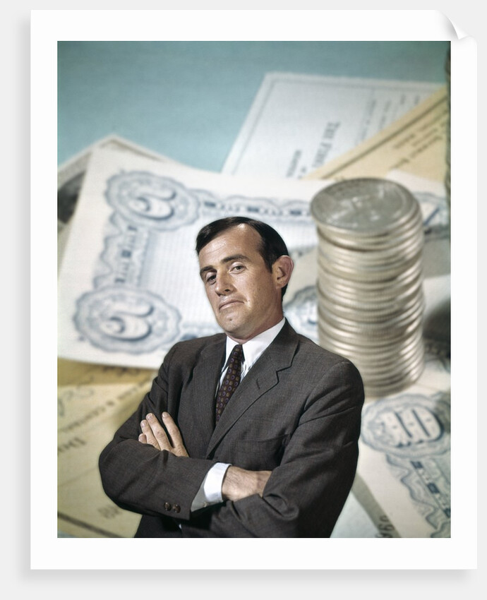 1960s Businessman Facial Expression Background Money Checks Coins Finance Banking Business Retro by Anonymous