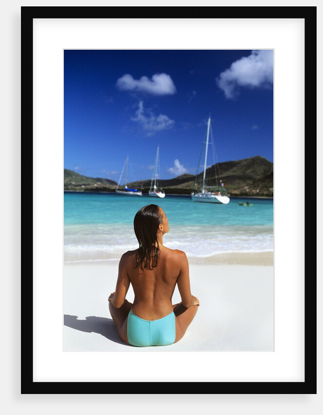1990s Topless Suntanned Woman Sitting On White Sand Beach Carriacou West Indies by Anonymous