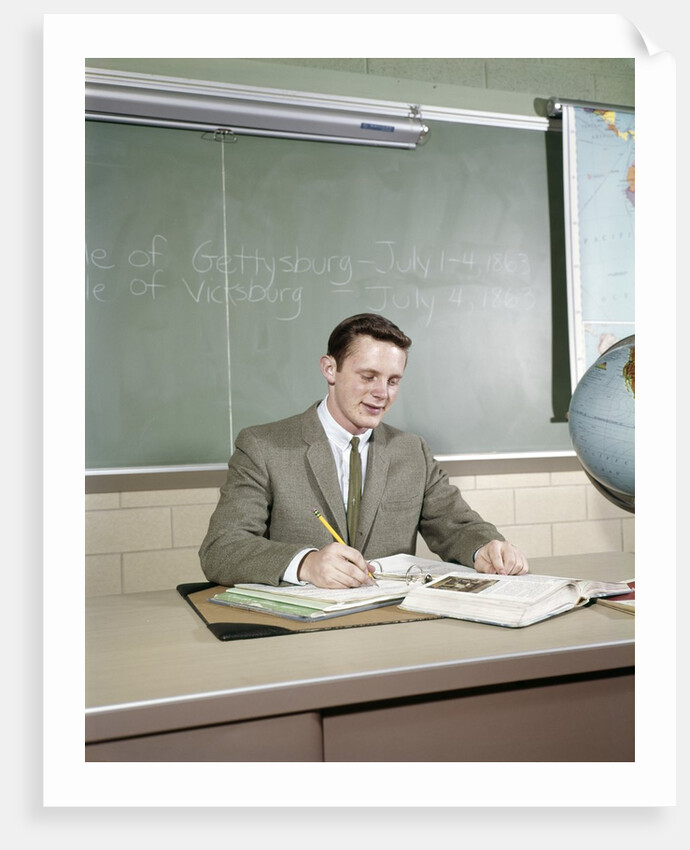 1960s Student Studying Desk Globe Open Book Writing Chalkboard High School by Anonymous