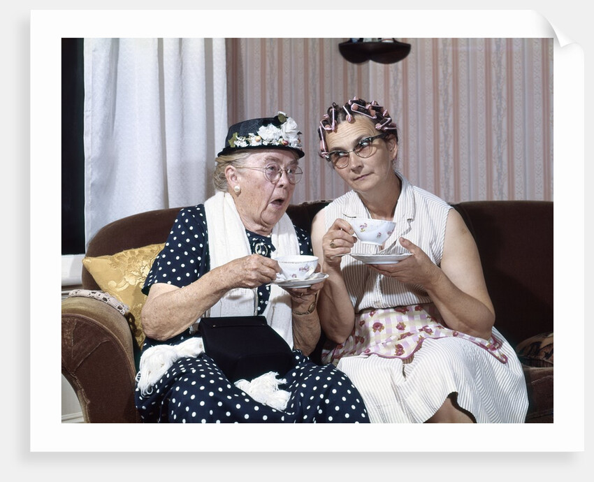 1950s Two Elderly Drinking Tea Gossiping Hair In Curlers by Anonymous