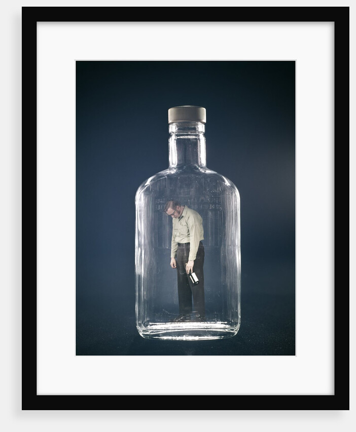 1960s Slumped Over Alcoholic Man Holding Whiskey Bottle Trapped Inside Glass Alcohol Decanter Bottle by Anonymous