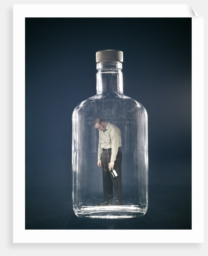 1960s Slumped Over Alcoholic Man Holding Whiskey Bottle Trapped Inside Glass Alcohol Decanter Bottle by Anonymous