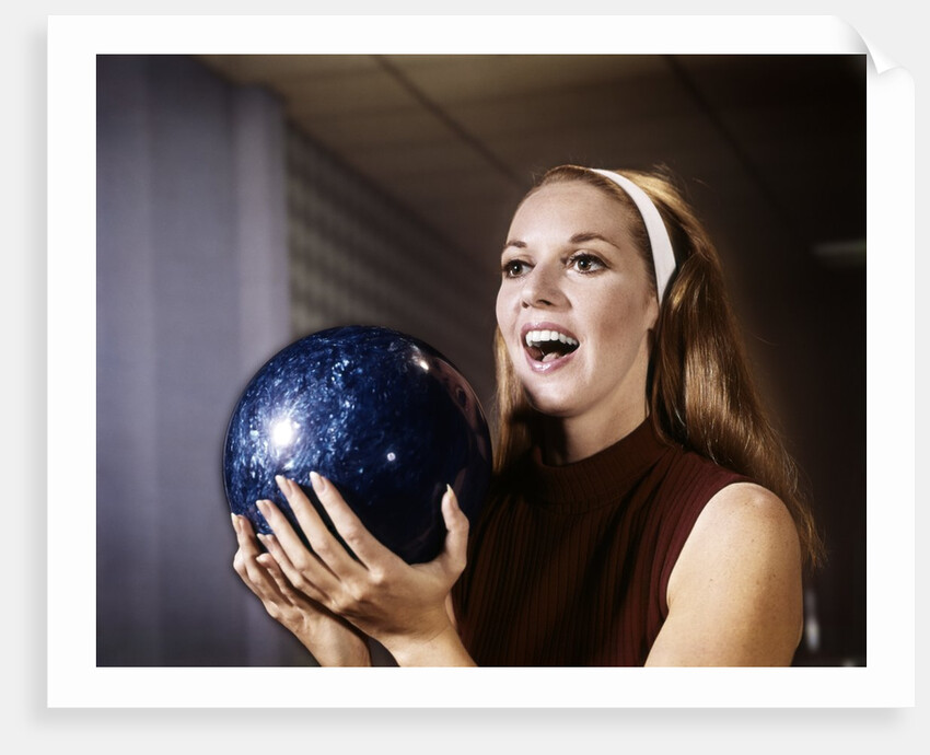 1960s Smiling Laughing Woman Holding Bowling Ball Retro by Anonymous