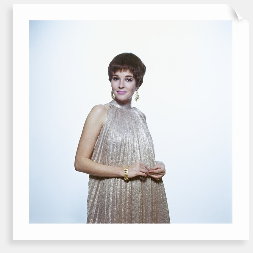 1960s Young Woman Wear Pleated Metallic Dress Pixie Hair Earrings Bracelet Retro by Anonymous