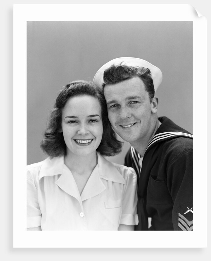 1940s Couple Portrait Navy Man Woman Smile by Anonymous