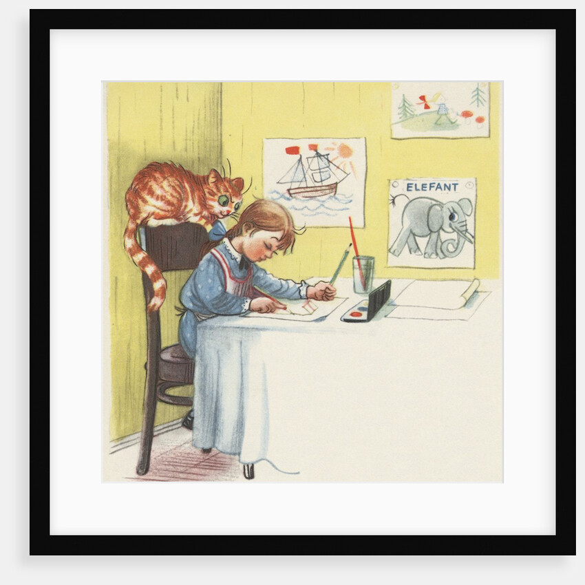 Girl painting with her cat by Anonymous