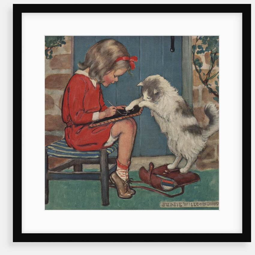 Cat helping girl with homework by Jessie Willcox Smith