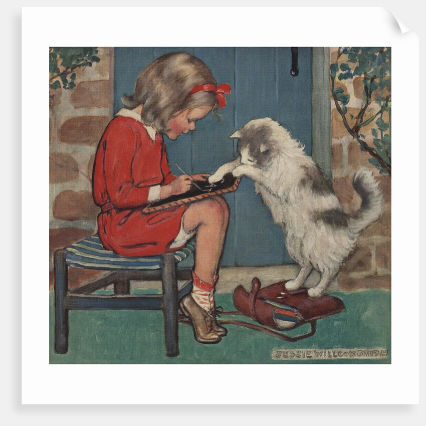 Cat helping girl with homework by Jessie Willcox Smith