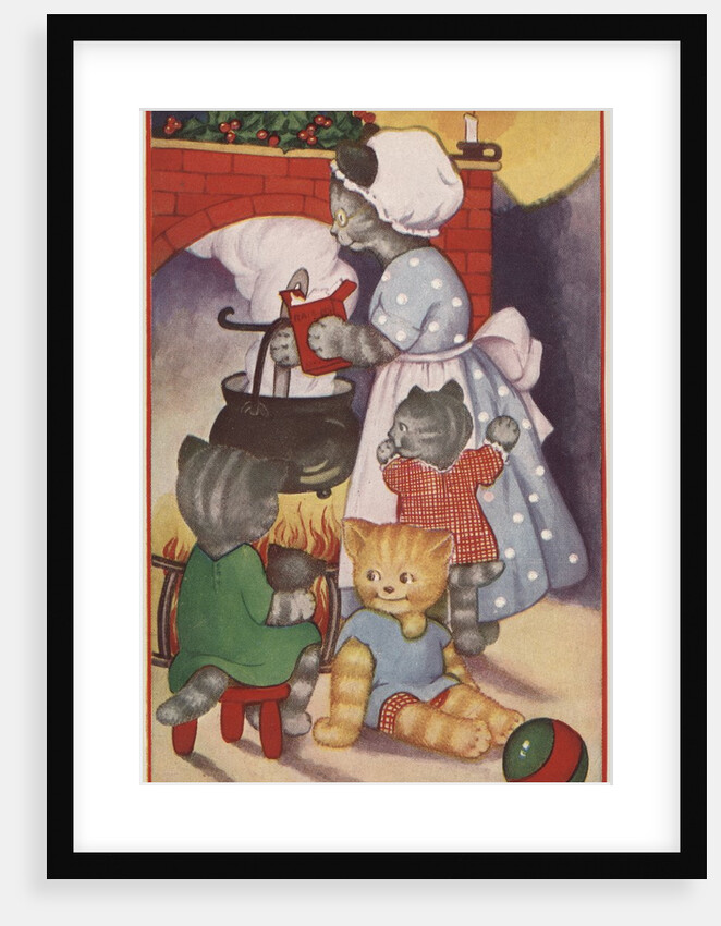 Cat family around the fireplace at Christmas by Anonymous