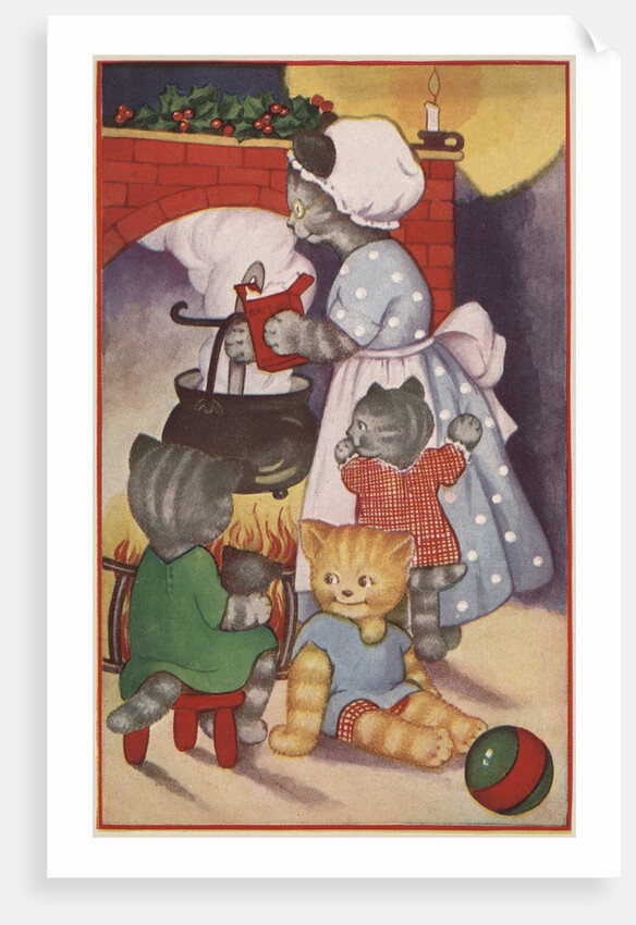 Cat family around the fireplace at Christmas by Anonymous