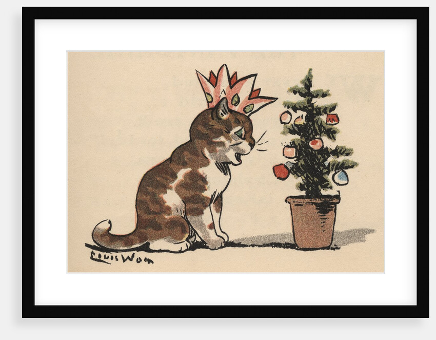Cat meowing at Christmas tree by Louis Wain