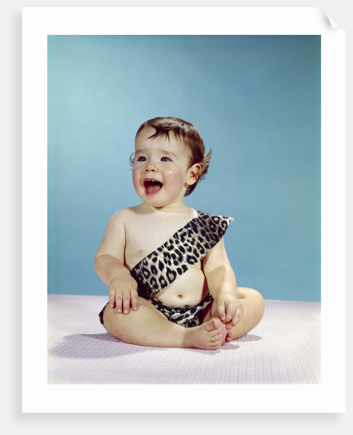 1960s Laughing Happy Baby Mouth Wide Open Wearing Leopard Print Tarzan Caveman Costume by Anonymous