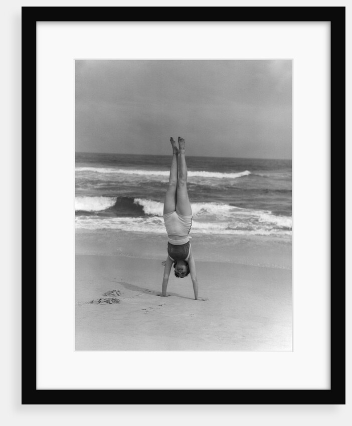 1930s Woman Doing Handstand On Beach Upside Down Exercise by Anonymous