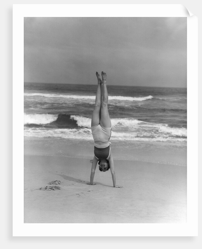 1930s Woman Doing Handstand On Beach Upside Down Exercise by Anonymous