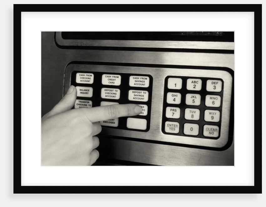 1980s Hand Pressing Buttons On Panel Of Vintage Automatic Teller Machine Atm by Anonymous