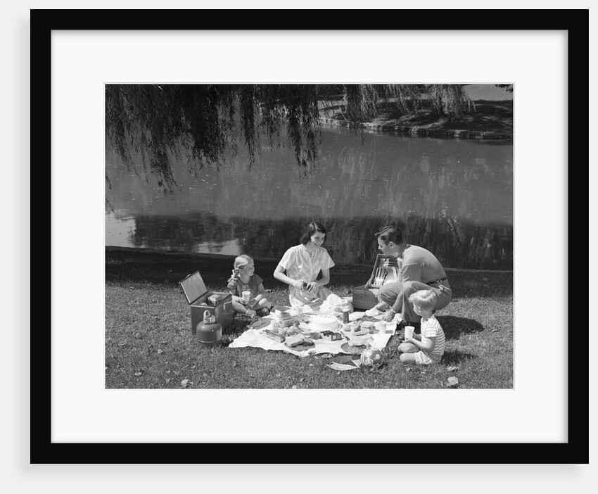 1950s Family Mother Father Son Daughter Picnicking By Lake Outdoor by Anonymous