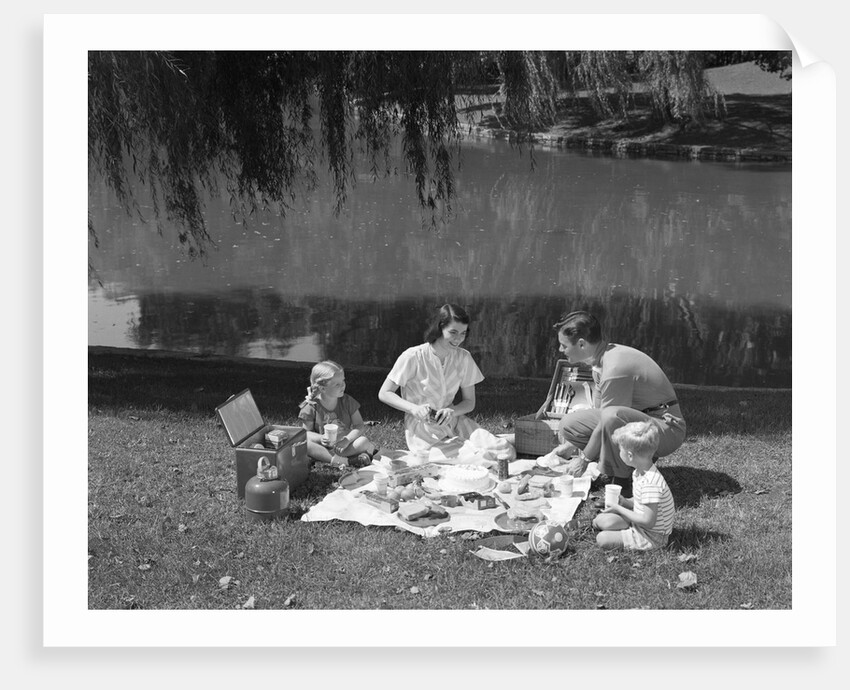 1950s Family Mother Father Son Daughter Picnicking By Lake Outdoor by Anonymous