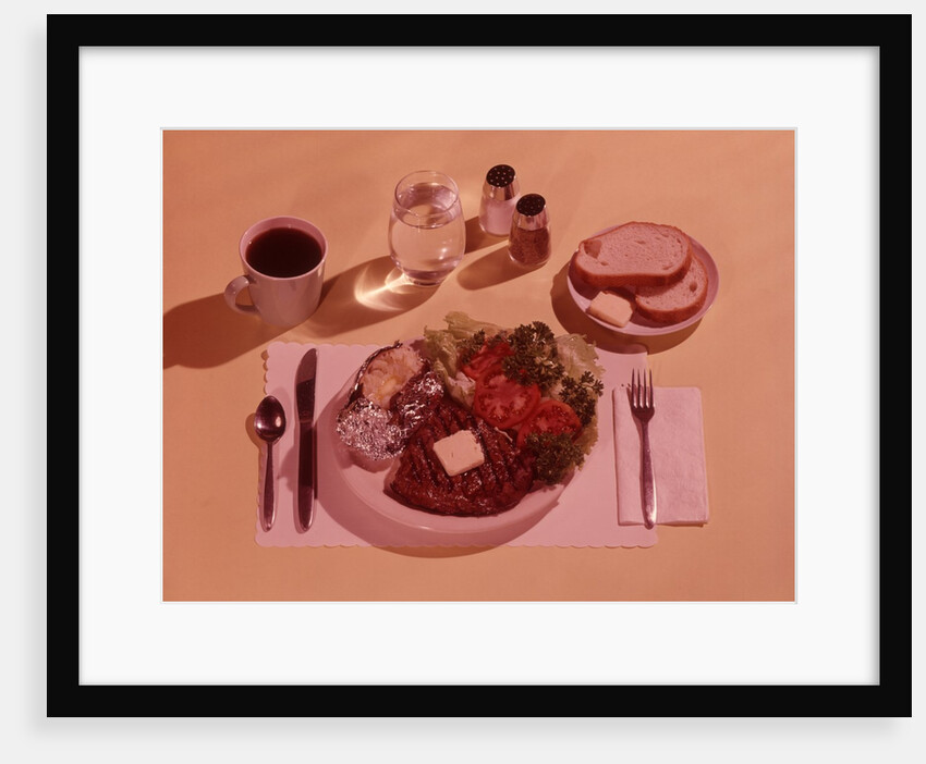 1950s Dinner Place Setting Steak With Pat Of Butter Potato Baked In Aluminum Foil And Salad Entree by Anonymous