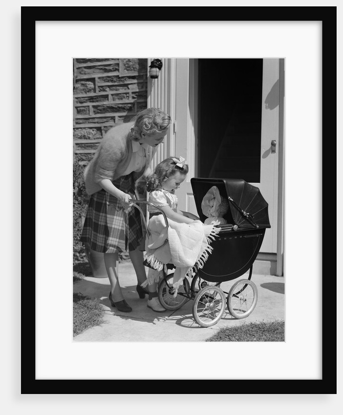1940s Mother And Daughter With Doll In Stroller by Anonymous