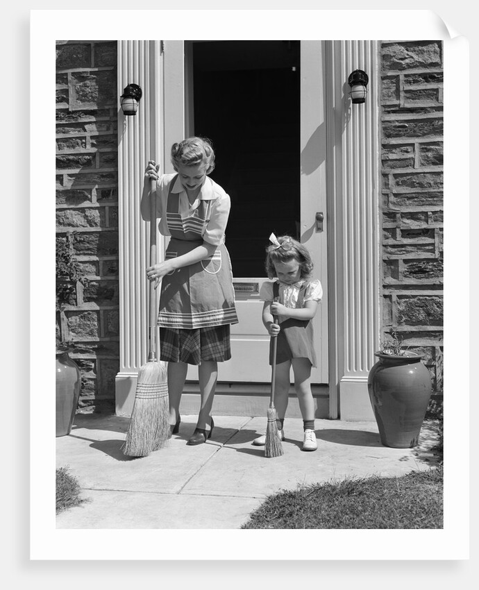 1940s Mother And Daughter Sweeping Sidewalk In Front Of Home by Anonymous