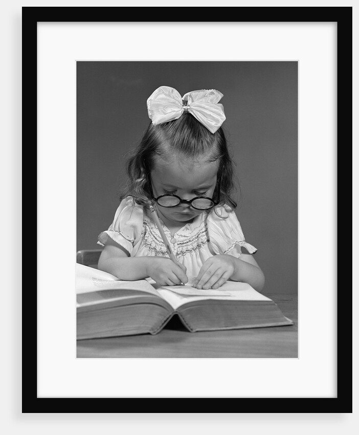1940s Girl With Big Round Glasses And A Big White Ribbon Bow In Hair Copying From A Book With A Pencil by Anonymous