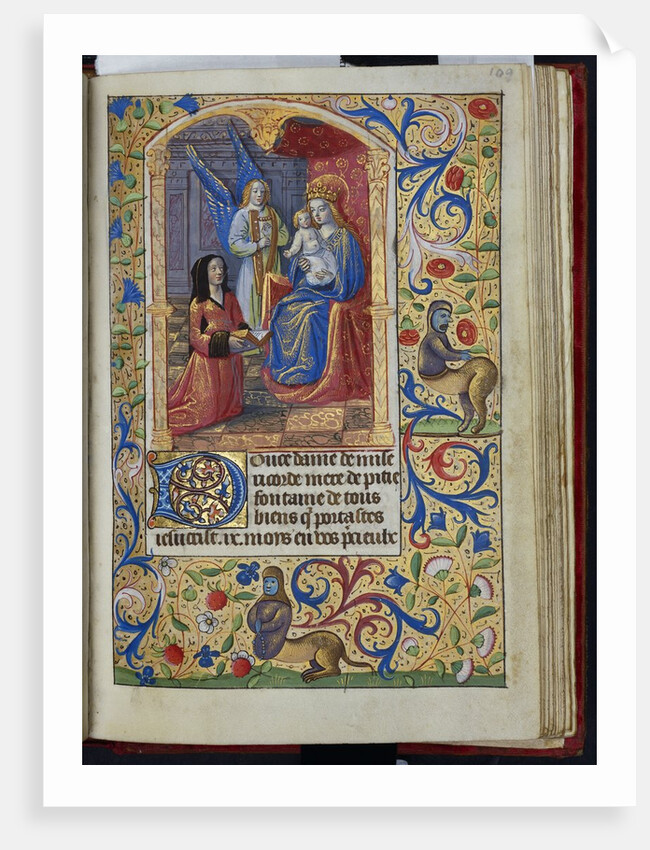 Virgin enthroned holding the child, an angel beside her from a French book of hours by Anonymous