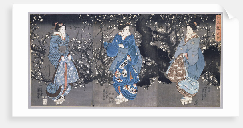 An oban triptych depicting a nocturnal scene with three Bijin by Utagawa Kuniyoshi