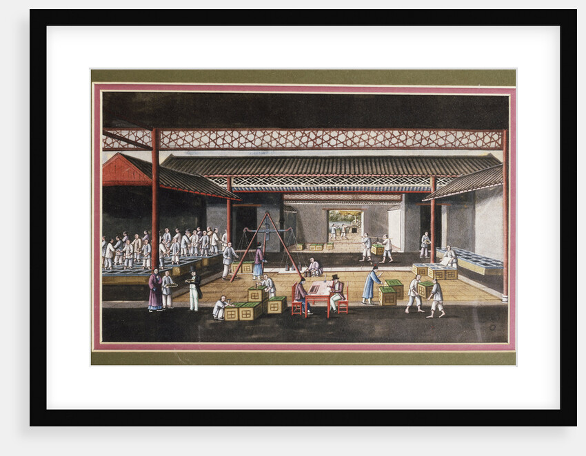 A Chinese export ricepaper painting depicting a storage house interior with figures packaging and weighing tea crates by Anonymous