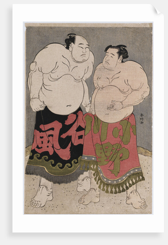 Full-length portraits of the wrestlers Onogawa Kisaburo, on the right and Tanizake Kajinosuke on the left by Katsukawa Shunko