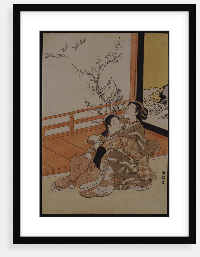 Two women seated by a verandah, one pointing at geese in flight, beyond a flowering plum tree outside by Suzuki Harunobu