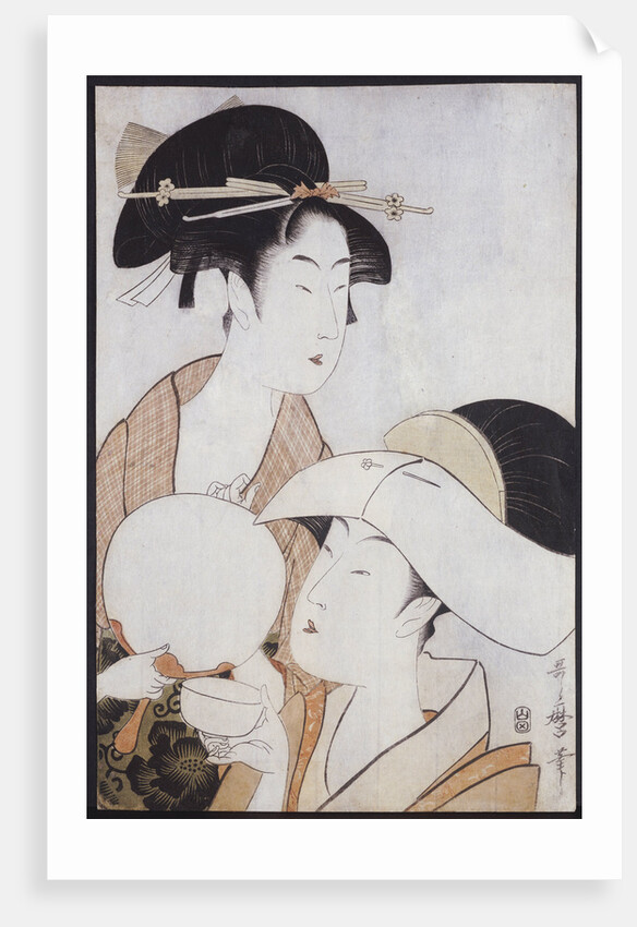 Bust portrait of two women, one holding a fan, the other with a head cover holding a tea cup by Kitagawa Utamaro