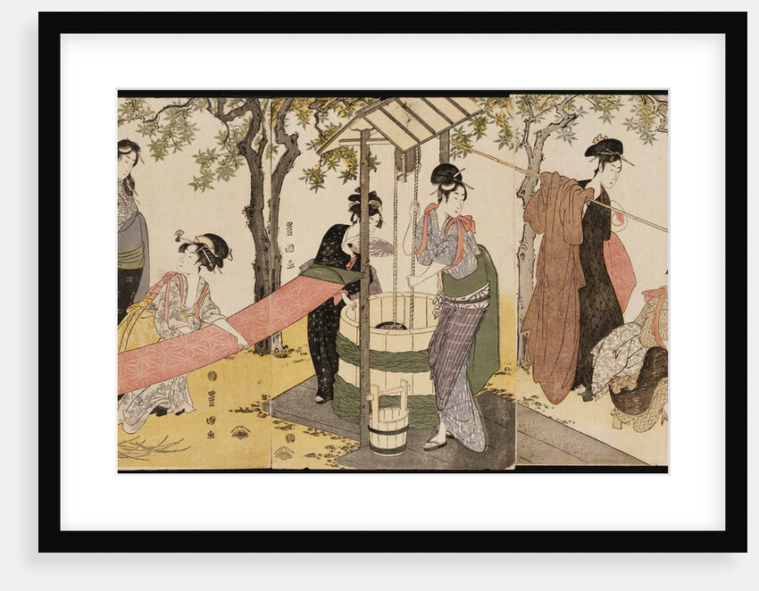 A triptych of girls washing and stretching cloth under the trees by Utagawa Toyokuni