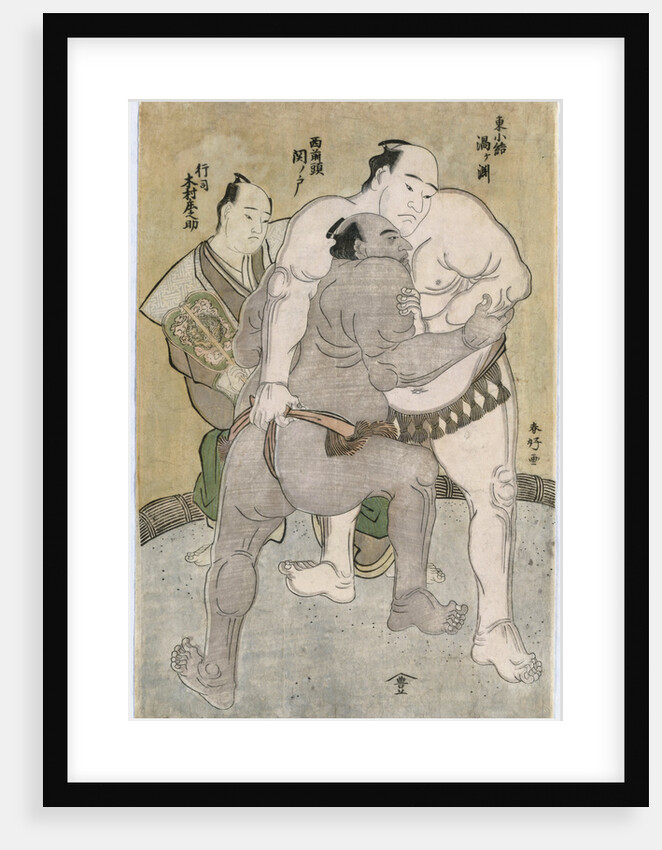 The wrestling bout between the komusubi of the Eastern Group Uzugafuchi Kan'dayu and the maegashira of the Western Group Sekinoto Hachiroji, refereed by Kimura Shonosuke by Katsukawa Shunsho