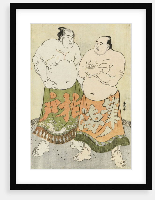 Full-length portraits of the wrestlers Fudenoumi of the Eastern Group on the right and Kashiwado of the Western group on the left by Katsukawa Shunsho