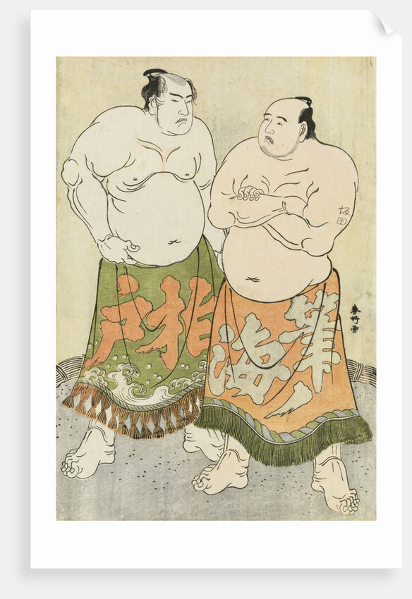 Full-length portraits of the wrestlers Fudenoumi of the Eastern Group on the right and Kashiwado of the Western group on the left by Katsukawa Shunsho